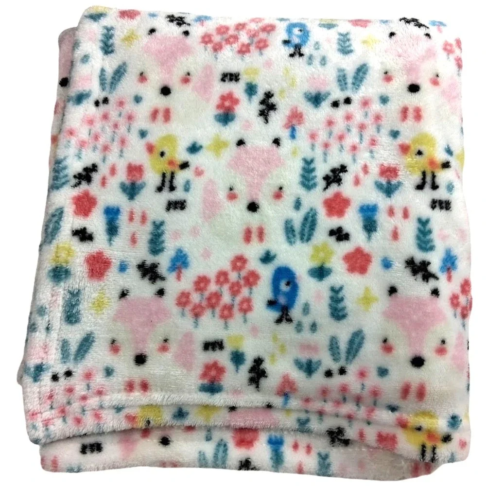 Manhattan Kids Baby Girl White Blanket Fox Chick Bird Flower Fleece Lovey Soft